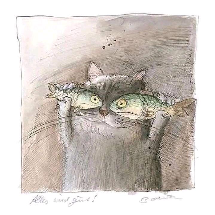 手握两条鱼的富猫