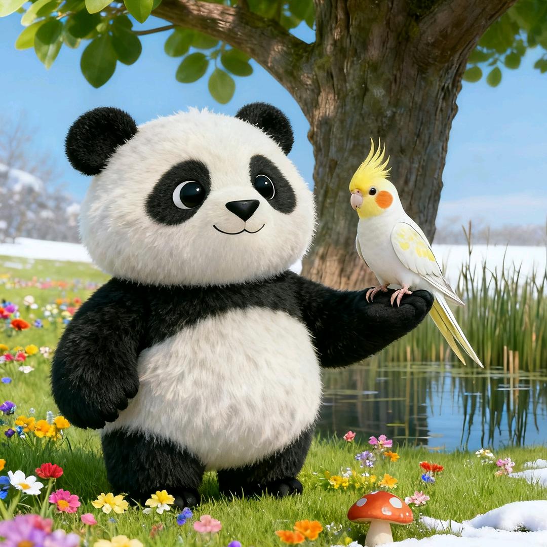 熊猫玩鹦鹉