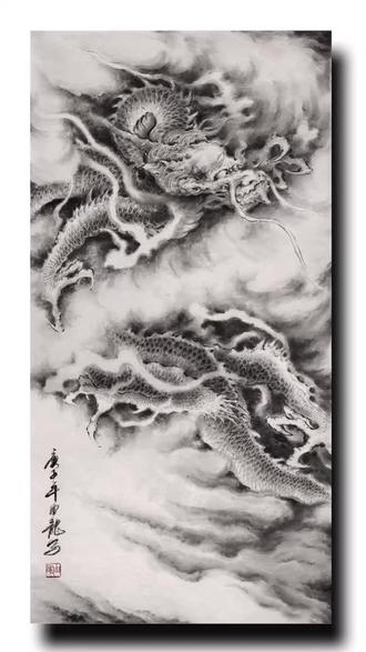 画龙#中国画#上海由龙 四尺对开水墨龙图